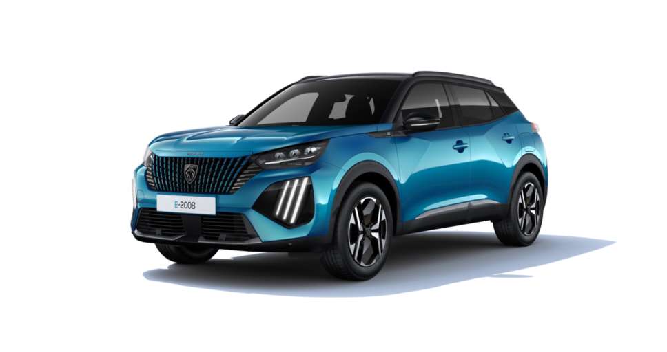 Ein blauer SUV mit modernem Design. Die Front des Autos zeigt markante LED-Scheinwerfer und einen aerodynamischen Kühlergrill. Die Karosserie hat geschwungene Linien und sportliche Felgen. Das Fahrzeug steht auf einem hellen Hintergrund.